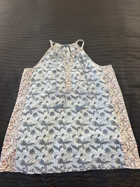 Floral Print Halter Tank Top Lightweight in Shades of Blue with Mauve